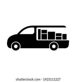 Van icon. Cargo minivan for transportation and delivery of parcels. Black silhouette. Side view. Vector flat graphic illustration. The isolated object on a white background. Isolate.