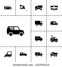 Van icon. collection of 13 van filled icons such as truck, cargo truck, delivery car, shipping truck. editable van icons for web and mobile.