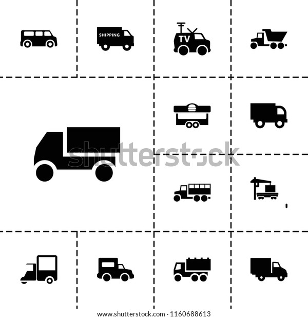 Van icon. collection of 13 van filled icons such
as truck, cargo truck, delivery car, shipping truck. editable van
icons for web and mobile.