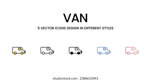 Diseño de icono de Van en cinco estilos con pulsación editable. Línea, Sólido, Línea plana, Color de tono Duo y Línea de degradado de color. Adecuado para diseño de páginas Web, aplicaciones móviles, UI, UX y GUI.