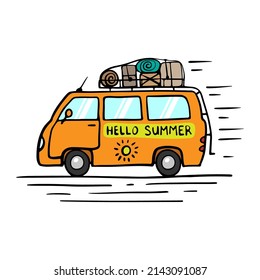 Van Ikone. Minibus, Minibus. Text Hallo Sommer. Lineare Zeichnung verwenden. Seitenansicht. Vektorgrafik einfache flache, handgezeichnete Illustration. Einziger Gegenstand auf weißem Hintergrund. Isolieren.