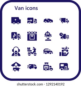  van icon set. 16 filled van icons. Simple modern icons about  - Ambulance, Lorry, Car, Delivery truck, Truck, Delivery, News reporter, Motorbike, Food cart, Ice cream van, Caravan