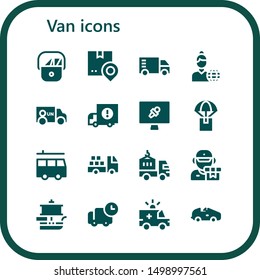 van icon set. 16 filled van icons.  Collection Of - Postman, Shipping, Truck, News reporter, Van, Delivery truck, News report, Delivery, Ship, Ambulance, Car