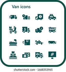van icon set. 16 filled van icons.  Simple modern icons such as: Delivery truck, Truck, Car, Delivery, Van, Cargo, Trailer, Cargo truck, Ship, Postal, News report