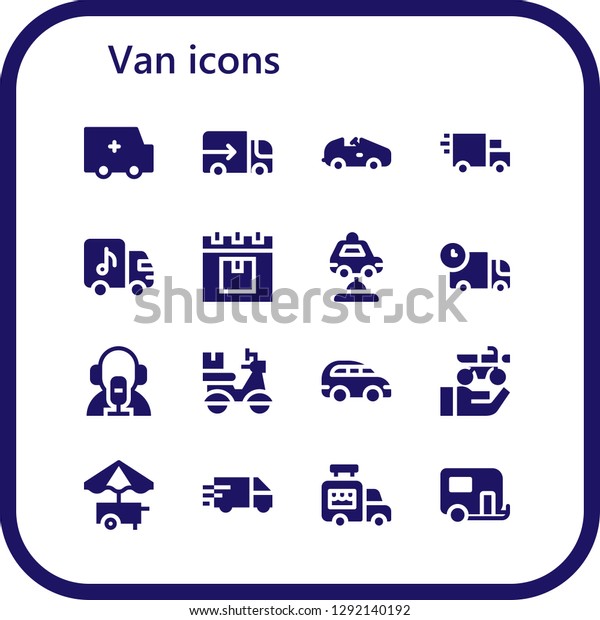 \
van icon set. 16 filled van icons. Simple modern icons about  -\
Ambulance, Lorry, Car, Delivery truck, Truck, Delivery, News\
reporter, Motorbike, Food cart, Ice cream van,\
Caravan