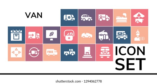  van icon set. 19 filled van icons. Simple modern icons about  - Van, Delivery, Move, Delivery truck, Shipping, Truck, Lorry, News report, Postman, Car, Caravan, News reporter