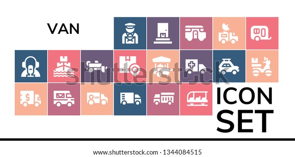 van\
icon set. 19 filled van icons.  Simple modern icons about  -\
Postman, News reporter, Truck, Delivery truck, Van, Garbage truck,\
Transportation, Ship, Trailer, Shipping, Food\
cart