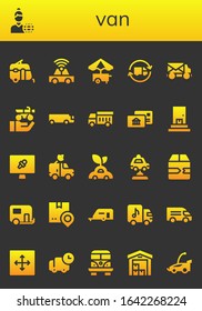 van icon set. 26 filled van icons. Included Caravan, News reporter, Car, Food cart, Delivery truck, Mail truck, Motorbike, Cargo truck, Garbage Postal, Delivery, News report icons