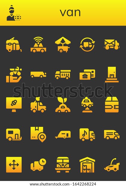 van icon set.\
26 filled van icons. Included Caravan, News reporter, Car, Food\
cart, Delivery truck, Mail truck, Motorbike, Cargo truck, Garbage\
Postal, Delivery, News report\
icons
