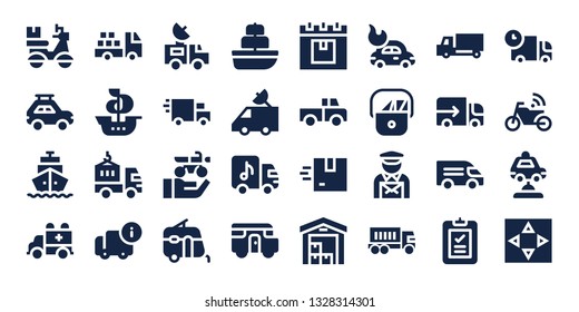 van icon set. 32 filled van icons. on blue background style Simple modern icons about  - Delivery, Car, Shipping, Ambulance, Truck, Ship, Delivery truck, Van, Motorbike, Caravan