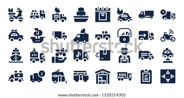 van icon\
set. 32 filled van icons. on blue background style Simple modern\
icons about  - Delivery, Car, Shipping, Ambulance, Truck, Ship,\
Delivery truck, Van, Motorbike,\
Caravan