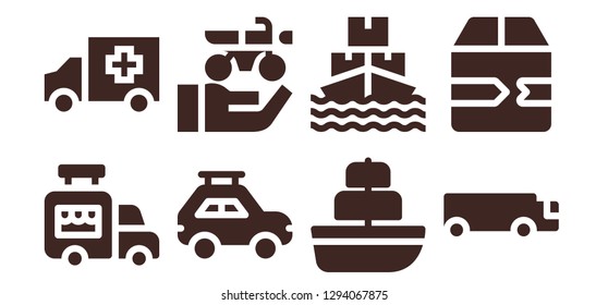  van icon set. 8 filled van icons. Simple modern icons about  - Ice cream van, Ambulance, Car, Motorbike, Ship, Cargo truck, Fast delivery
