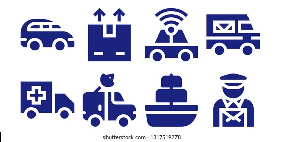van icon set. 8 filled van icons.  Collection Of - Ambulance, Car, Van, Shipping, Ship, Postman, Delivery truck