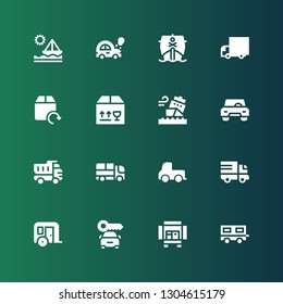 van icon set. Collection of 16 filled van icons included Trailer, Truck, Car, Delivery truck, Ship, Delivery