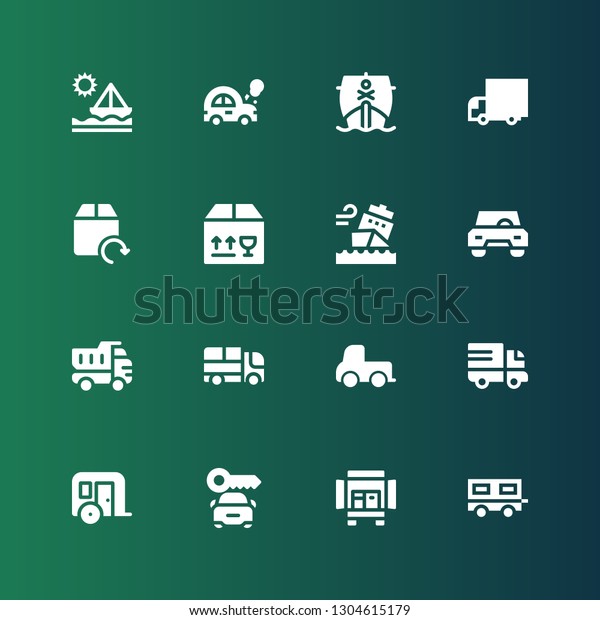 van icon set.
Collection of 16 filled van icons included Trailer, Truck, Car,
Delivery truck, Ship,
Delivery