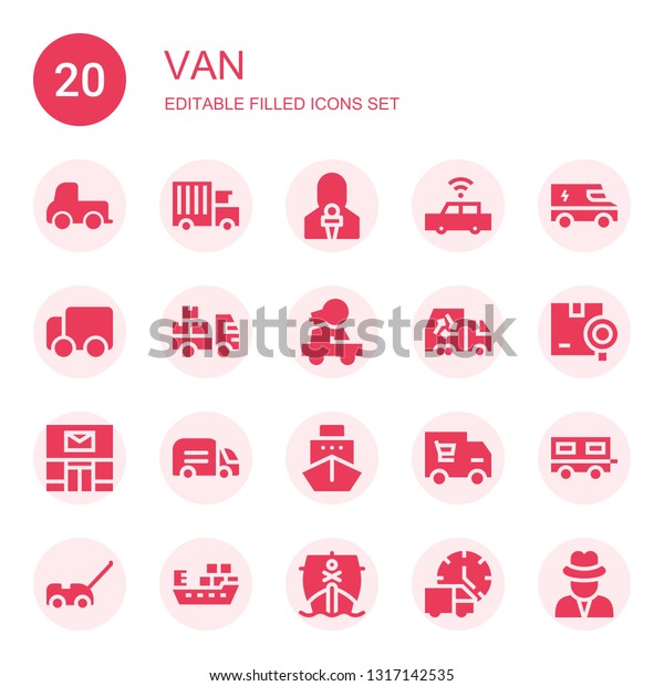 van icon set. Collection of 20 filled\
van icons included Delivery truck, News reporter, Car, Truck,\
Shipping, Post office, Ship, Trailer,\
Journalist