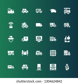 van icon set. Collection of 25 filled van icons included Postman, Post office, Delivery, Car, Truck, Delivery truck, Vehicle, Ship, Journalist, Shipping, Ambulance, Food stand