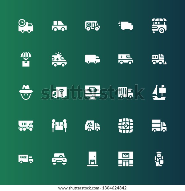 van icon set.\
Collection of 25 filled van icons included Postman, Post office,\
Delivery, Car, Truck, Delivery truck, Vehicle, Ship, Journalist,\
Shipping, Ambulance, Food\
stand