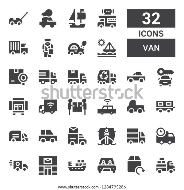 van icon\
set. Collection of 32 filled van icons included Van, Delivery, Car,\
Ship, Post office, Ambulance, Delivery truck, Mail truck, Truck,\
Trailer, Pick up, Garbage truck,\
Shipping