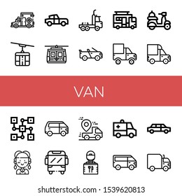 Van Icon Set. Collection Of Ambulance, Cable Car, Classic Car, Truck, Convertible, Caravan, Cargo Truck, Delivery, Distributed, Hippie, Van, Delivery Guy, Limousine Icons