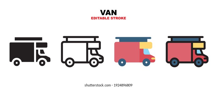 Van icon set with different styles. Colored vector icons designed in filled, outline, flat, glyph and line colored. Editable stroke style can be used for web, mobile, ui and more.