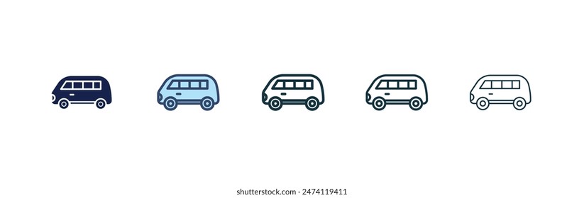 Van-Icon-Set. Transit-Lieferungs-Minibus-Vektorgrafik-Symbol. Cargo-Kurierpaket liefern Van Melden Sie sich an Schwarz gefüllt und umrissen Stil.