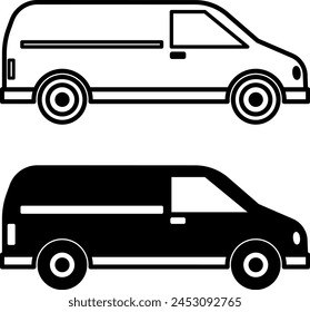 Van icons. Black and White Vector Minibus Icons. Vehicle for Transportation. Transport Concept