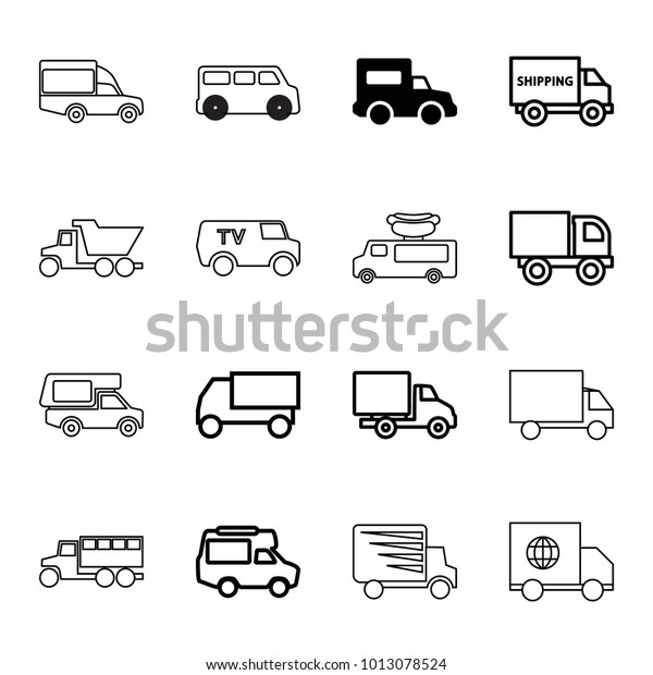 Van icons. set of 16 editable outline van icons such\
as truck, delivery car