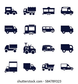 van icons set. Set of 16 van filled icons such as truck, trailer, delivery car