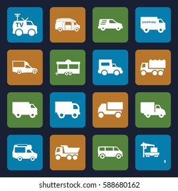 van icons set. Set of 16 van filled icons such as truck, trailer, cargo truck, delivery car