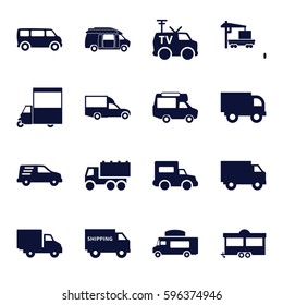 van icons set. Set of 16 van filled icons such as truck, trailer, cargo truck, delivery car