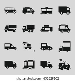 Van icons set. set of 16 van filled icons such as truck, trailer, cargo truck