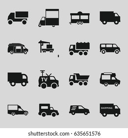 Van icons set. set of 16 van filled icons such as truck, trailer, cargo truck, delivery car