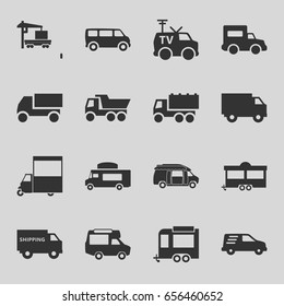 Van icons set. set of 16 van filled icons such as truck, trailer, cargo truck, delivery car