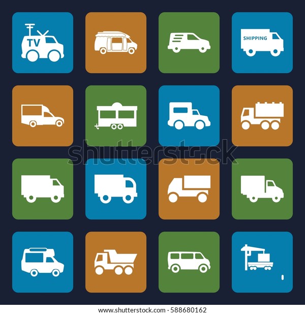 van icons set. Set of 16 van filled\
icons such as truck, trailer, cargo truck, delivery\
car