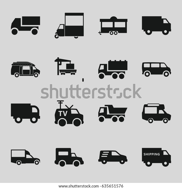 Van icons set. set of 16 van filled\
icons such as truck, trailer, cargo truck, delivery\
car