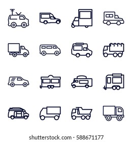 Van Icons Set. Set Of 16 Van Outline Icons Such As Truck, Trailer