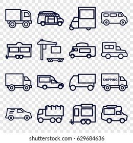 Van icons set. set of 16 van outline icons such as van, truck, trailer, cargo truck, delivery car