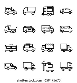 Van icons set. set of 16 van outline icons such as van, truck, trailer, cargo truck, delivery car