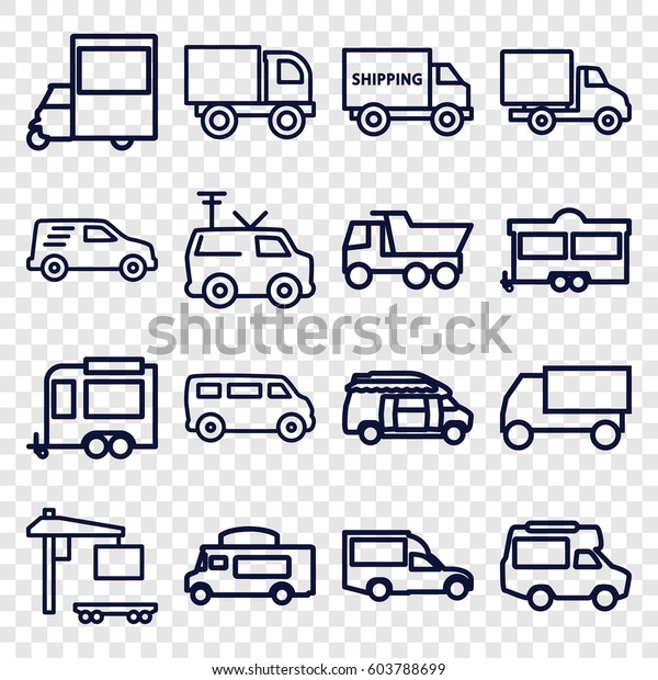 Van icons set. set of 16 van\
outline icons such as truck, trailer, cargo truck, delivery\
car