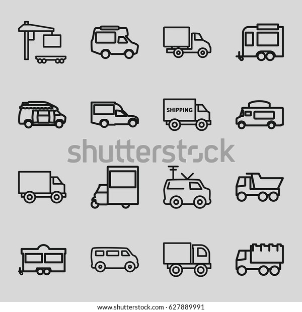 Van icons set. set of 16 van\
outline icons such as truck, trailer, cargo truck, delivery\
car