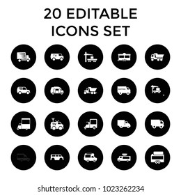 Van icons. set of 20 editable filled van icons such as truck, trailer, cargo truck, delivery car. best quality van elements in trendy style.