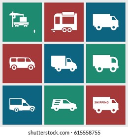 Van icons set. set of 9 van filled icons such as van, trailer, cargo truck, delivery car, truck