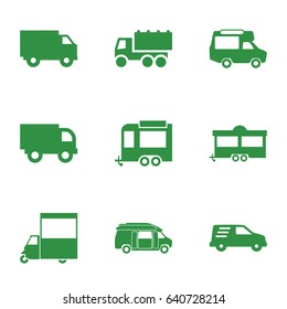 Van icons set. set of 9 van filled icons such as truck, trailer, van