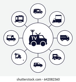 Van icons set. set of 9 van filled icons such as trailer, cargo truck, delivery car, truck