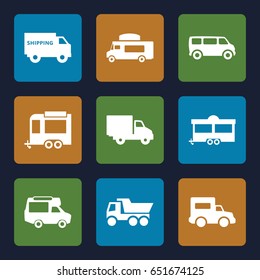 Van icons set. set of 9 van filled icons such as van, truck, trailer, delivery car