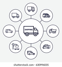 Van icons set. set of 9 van outline icons such as truck, van, cargo truck, delivery car