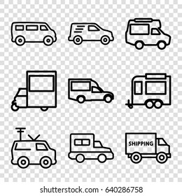 Van icons set. set of 9 van outline icons such as trailer, delivery car, truck