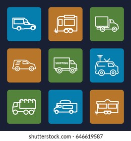 Van icons set. set of 9 van outline icons such as truck, trailer, delivery car