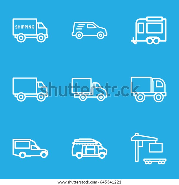 Van icons set. set of 9 van\
outline icons such as van, trailer, cargo truck, delivery car,\
truck